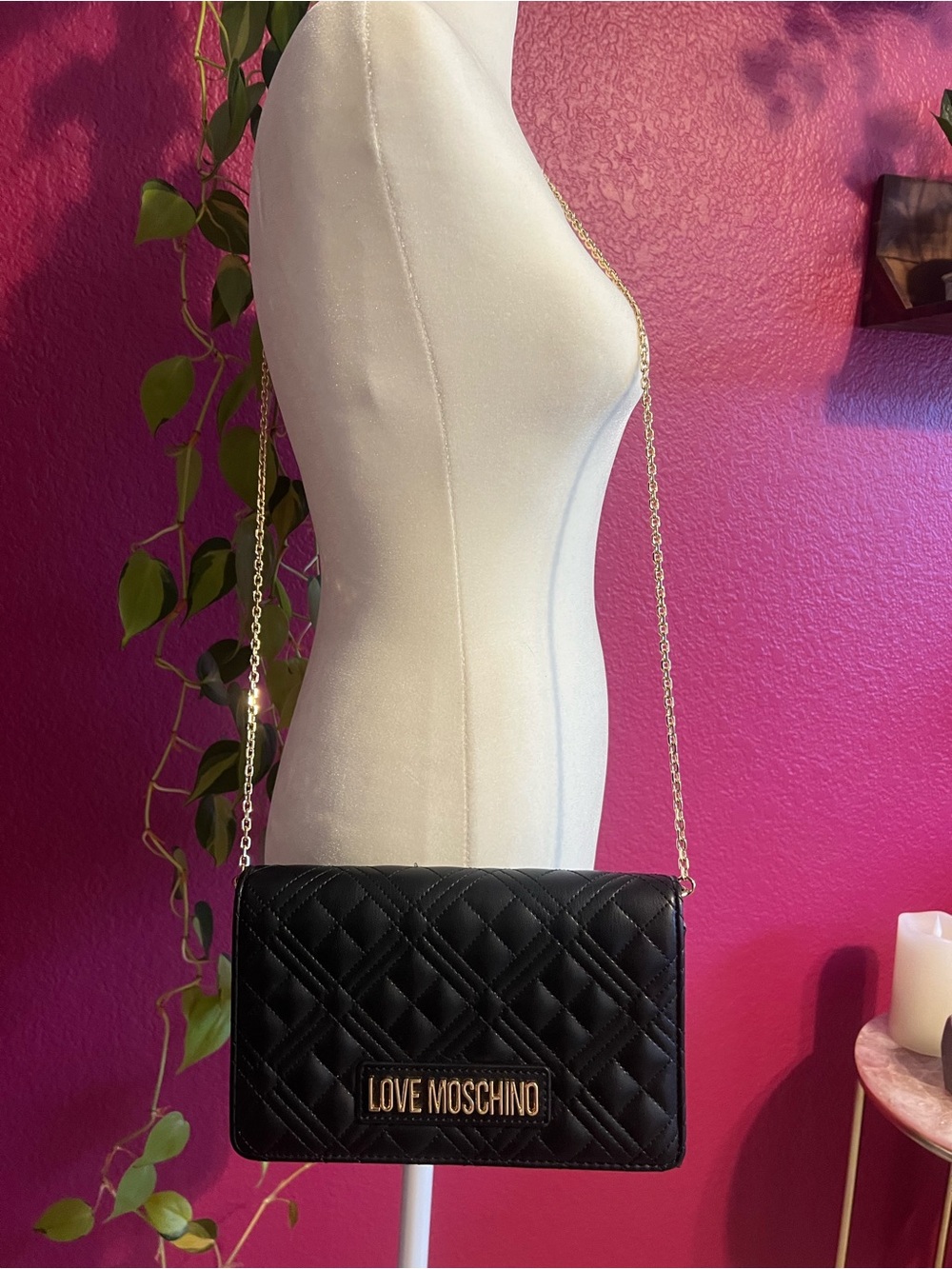 Love Moschino Black Quilted Crossbody with Gold Chain